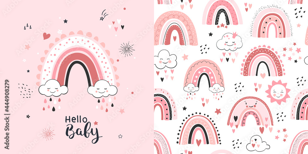Seamless childish pattern with rainbow and rain clouds in pink sky. Cute vector texture for kids bedding, fabric, wallpaper, wrapping paper, textile, t-shirt print