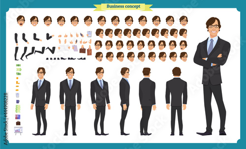 People character business set. Front, side, back view animated character. Businessman character creation set with various views, face emotions, poses and gestures.Cartoon style, flat isolated vector