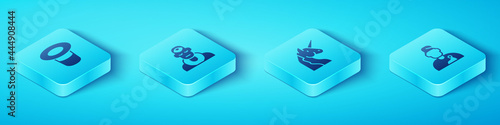 Set Isometric Magic hat, Wizard warlock, and Unicorn icon. Vector