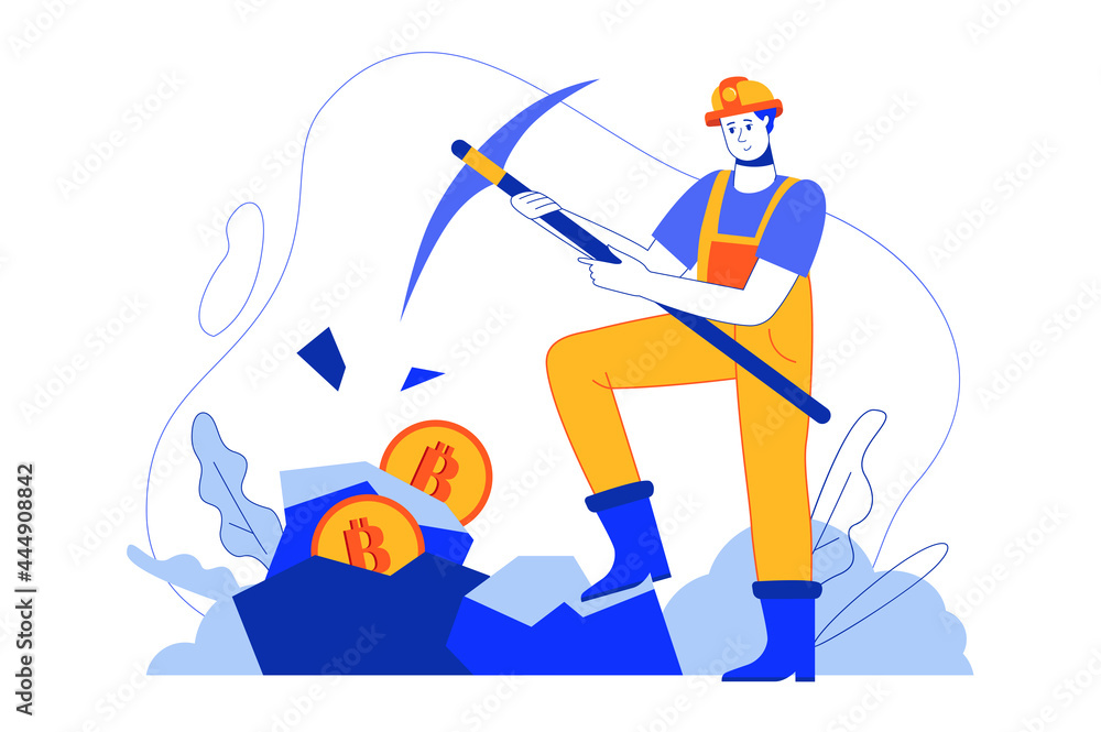 Cryptocurrency mining web concept. Miner earns bitcoins. Blockchain and digital money technologies. Vector illustration in minimal flat design for blog, app design, onboarding screen, social media Cryptocurrency mining web concept. Miner earns bitcoins. Blockchain and digital money technologies. Vector illustration in minimal flat design for blog, app design, onboarding screen, social media