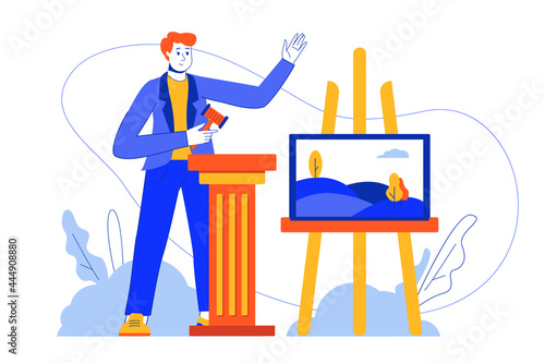 Auction business web concept. Auctioneer with hammer sells painting, bidding for piece of art. Vector illustration in minimal flat design for blog, app design, onboarding screen, social media