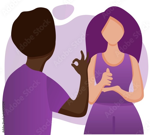 Hearing disability concept, deaf people man and woman conversation. People with hearing aid illustration. Young man and woman talk to each other using deaf sign language.