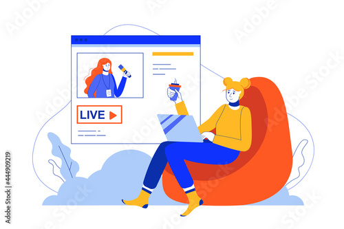 Live streaming web concept. Woman watching blogger broadcast while sitting at home with laptop. Vector illustration in minimal flat design for blog, app design, onboarding screen, social media