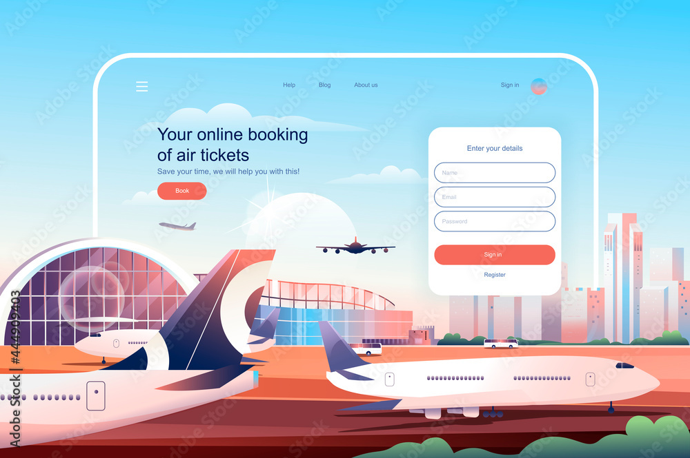Online booking at air tickets concept. Airplane ticket reservation service website layout. International tourism and travel, go on vacation. Vector illustration in flat design for landing page