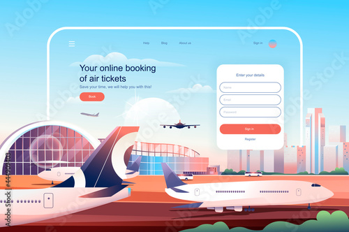 Online booking at air tickets concept. Airplane ticket reservation service website layout. International tourism and travel, go on vacation. Vector illustration in flat design for landing page