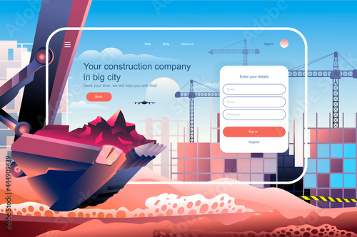 Construction company in big city concept. Real estate business website layout. Investments in building houses, reconstruction of offices. Vector illustration in flat design for landing page
