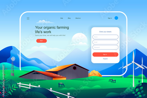 Organic farming lifes work concept. Agricultural business website layout. Eco friendly modern technologies in crop and livestock production. Vector illustration in flat design for landing page