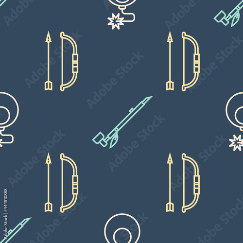 Set line Bomb ready to explode, Bow and arrow in quiver and Native American indian smoking pipe on seamless pattern. Vector