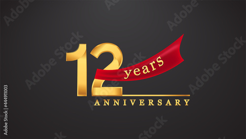 12th anniversary design logotype golden color with red ribbon for anniversary celebration