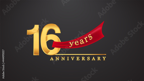 16th anniversary design logotype golden color with red ribbon for anniversary celebration
