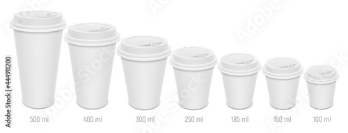 Set of vector realistic blank disposable coffee cups with lids. Different sizes of paper glasses for vending and hot drinks to go.