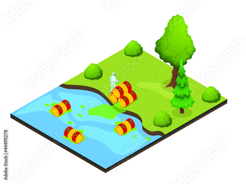 Man in protective suit with toxic waste near river isometric 3d vector concept for banner, website, illustration, landing page, flyer, etc.