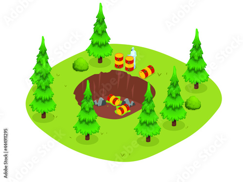 Man in protective suit with toxic waste in forest isometric 3d vector concept for banner, website, illustration, landing page, flyer, etc.