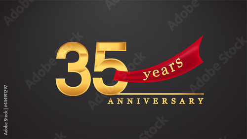 35th anniversary design logotype golden color with red ribbon for anniversary celebration