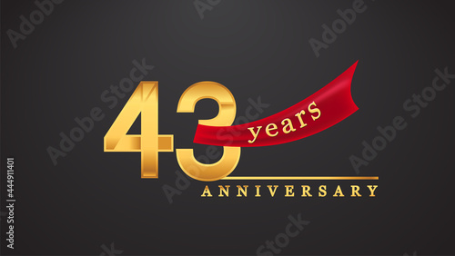43rd anniversary design logotype golden color with red ribbon for anniversary celebration