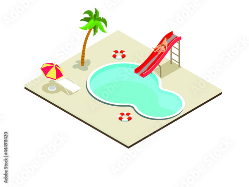 Family having fun at pool isometric 3d vector concept for banner, website, illustration, landing page, flyer, etc.