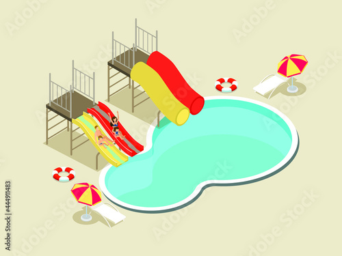 Happy family having fun at pool isometric 3d vector concept for banner, website, illustration, landing page, flyer, etc.a