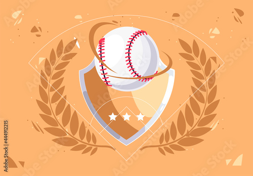 Vector illustration of a baseball with a shield on a beige background, flat design, baseball club symbol