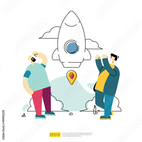 start up business launching concept with spaceship rocket and cartoon character team. innovation team development startup strategy vector illustration with flat style