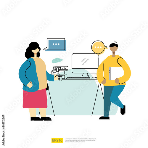 planning and communication discussion team worker concept. talk and negotiation business with people character. flat style vector illustration