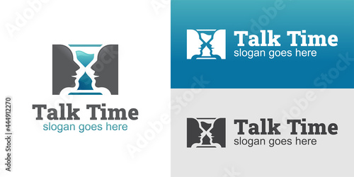 creative idea logo of face talking with timer timeout old versions, timer to communicate logo design