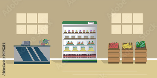 Illustration of a supermarket with vegetables and desserts