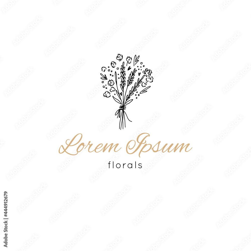 Obraz premium Hand drawn bouquet of wild flowers. Floral vector minimalistic logo template.