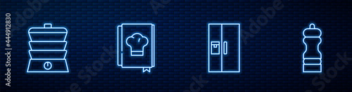 Set line Refrigerator, Slow cooker, Cookbook and Pepper. Glowing neon icon on brick wall. Vector