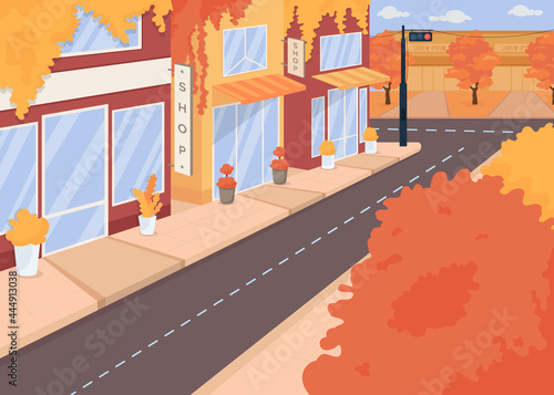 Autumn city street flat color vector illustration. Fall season. Trees with orange foliage. Harvest holidays. Shopping area 2D cartoon cityscape with bookstores, boutiques and supermarket on background