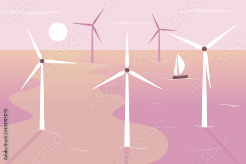 Floating wind turbines flat color vector illustration. Providing renewable energy. Eco-friendly solution. Shallow-water location 2D cartoon landscape with spinning turbines and sunset on background