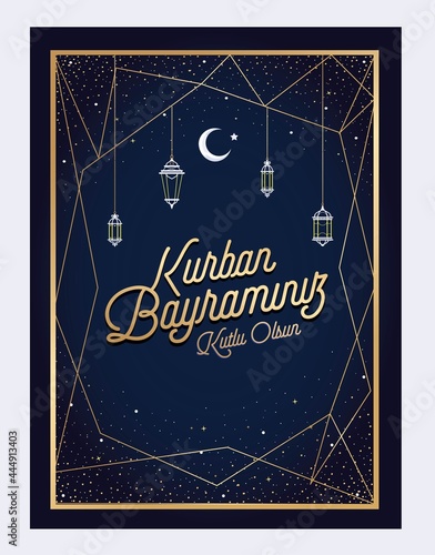 Modern Decorative Design for Feast of the Sacrif (Eid al-Adha Mubarak) Feast of the Sacrifice Greeting (Turkish: Kurban Bayraminiz Mubarek Olsun) Holy days of muslim community. Islamic background.