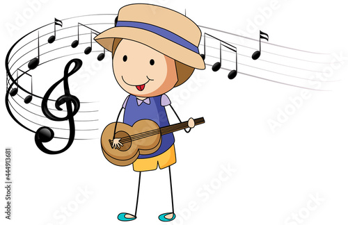Cartoon doodle a boy playing guitar with melody symbols