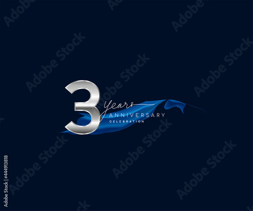 3rd Years Anniversary celebration logotype silver colored with blue ribbon and isolated on dark blue background