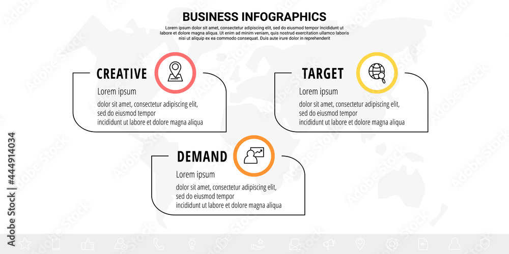 Business vector infographics with three line circles and labels. Timeline visualization with 3 steps for diagram, flowchart, banner, presentations, web, content, levels, chart, graph