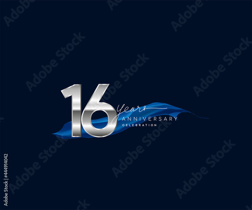 16th Years Anniversary celebration logotype silver colored with blue ribbon and isolated on dark blue background