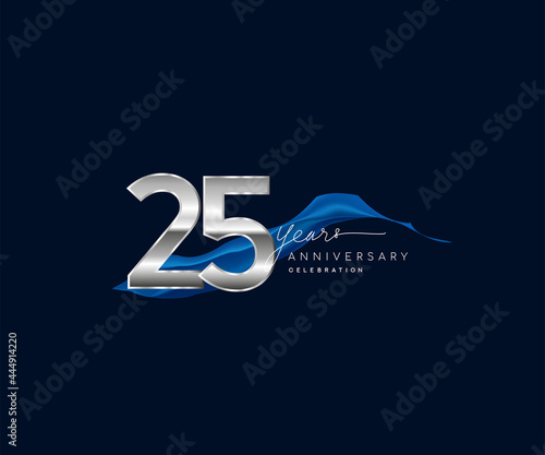 25th Years Anniversary celebration logotype silver colored with blue ribbon and isolated on dark blue background photo