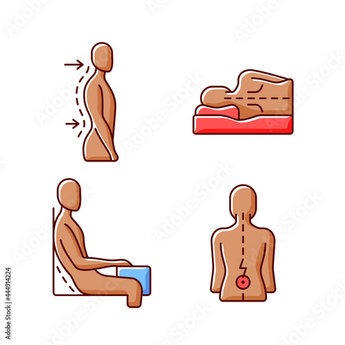 Postural dysfunction RGB color icons set. Lumbar lordosis. Side-lying sleeping position. Incorrect sitting angle. Keeping spine straight. Exaggerated posture. Isolated vector illustrations