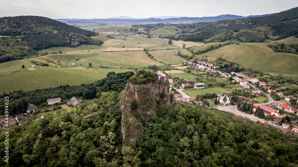 Obraz premium Aerial views of the castle ruins in the village Hajnacka in Slovakia