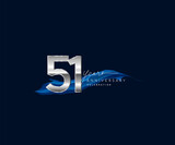 51st Years Anniversary celebration logotype silver colored with blue ribbon and isolated on dark blue background