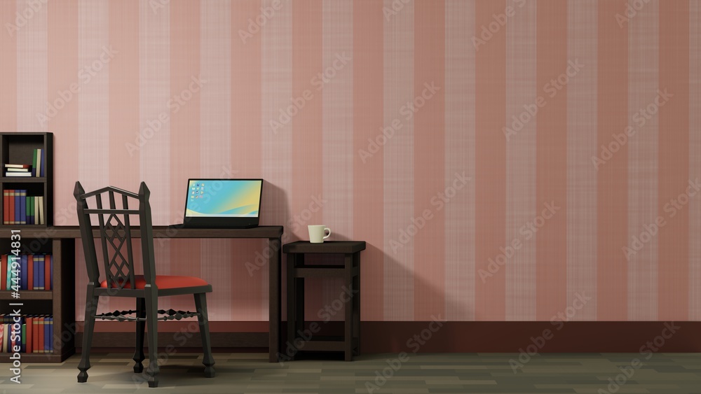 部屋 ノートパソコン コーヒー テーブル 椅子 ピンク 本棚 3dレンダリング Stock Illustration Adobe Stock 部屋 ノートパソコン コーヒー テーブル 椅子 ピンク 本棚 3dレンダリング Stock Illustration Adobe Stock