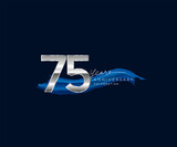 75th Years Anniversary celebration logotype silver colored with blue ribbon and isolated on dark blue background
