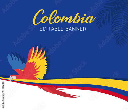 Colombia Banner with a Scarlet macaw and flag (Lapa Roja, Ara macao, Guacamaya roja, guacamayo macao, guacamaya bandera) - Vectors, EPS