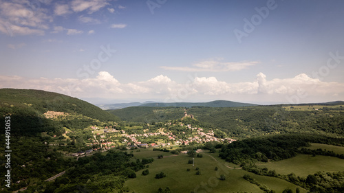 Aerial view of Somoska Castle in the village of Siatorska Bukovinka in Slovakia