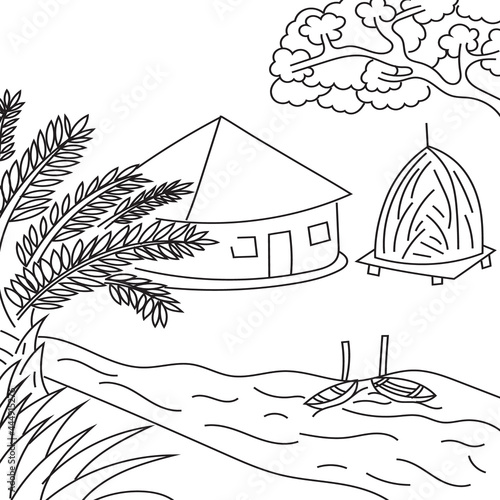 Country house, tree by river vector illustration in a cartoon style for kids coloring page background vector illustration.