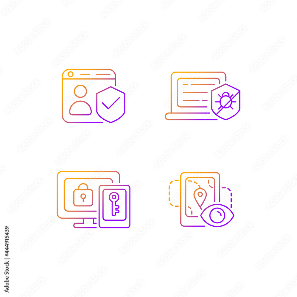 Protecting right to online privacy gradient linear vector icons set. Securing accounts. Antivirus software. Thin line contour symbols bundle. Isolated vector outline illustrations collection