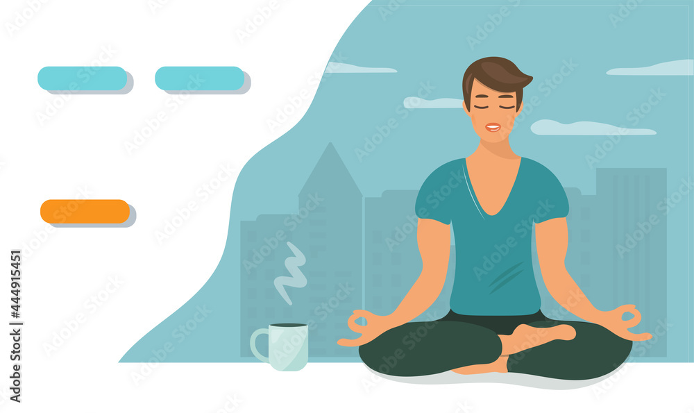 A guy in a lotus position meditates on the background of a big city in an apartment or office. A person gets rid of stress. Yoga practice. Healthy lifestyle concept. Vector template, business card.