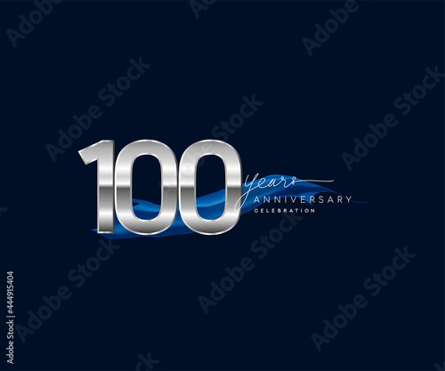 100th Years Anniversary celebration logotype silver colored with blue ribbon and isolated on dark blue background