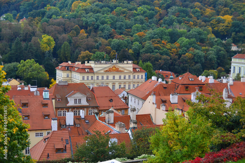 Red roofs of old buildings in Prague in autumn season. Vyšehrad, Czech Republic