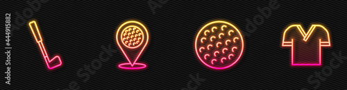 Set line Golf ball, club, Location golf sport and shirt. Glowing neon icon. Vector
