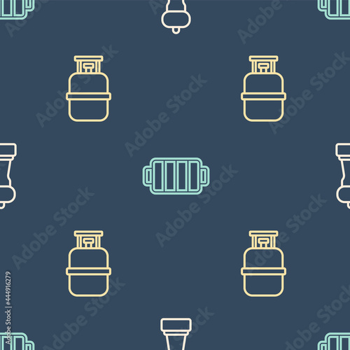 Set line Pepper, Propane gas tank and Barbecue grill on seamless pattern. Vector